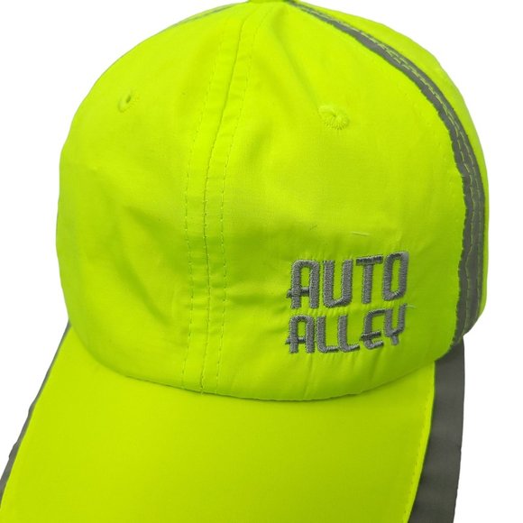 Auto Alley Neon Green Yellow Gray Trim Strapback Cap Trucker Reflective Hat - Picture 2 of 14